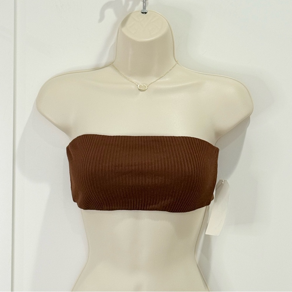 NWT Donni Bandeau Strapless Tube Top Ribbed Cropped Brown Small Festival Minimal